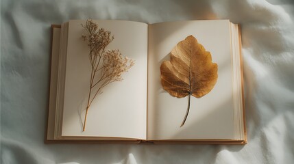 Dried leaf and flower pressed in open book on white fabric