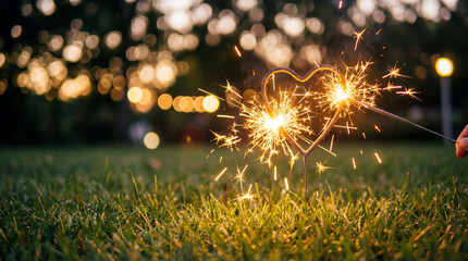 Heart shape made with sparklers on grass at sunset  