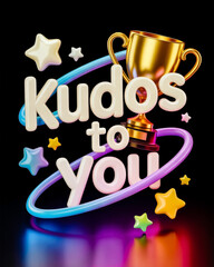 kudos to you 3d typography with golden trophy for employee appreciation on black background