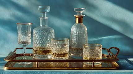 Crystal decanters and glasses on gold tray blue wall