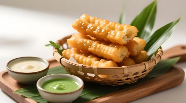 Crispy Fried Dough Sticks With Dipping Sauces Traditional Asian Snack