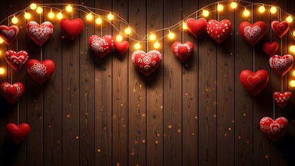 Valentine's day background with heart shaped candles and red hearts on wooden panel romantic ambiance for lovers