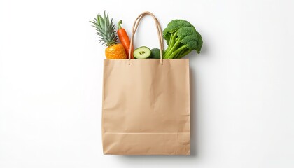 A brown paper bag filled with fresh fruits and vegetables on a white background