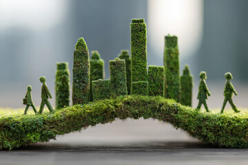 A model of an eco-friendly city and population made of green moss