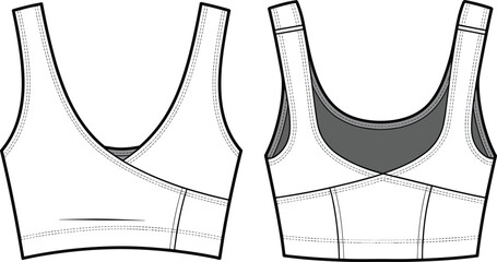 Technical sports bra sketch, front and back view, fashion flat, garment design, seam detail, activewear illustration, apparel construction, pattern making