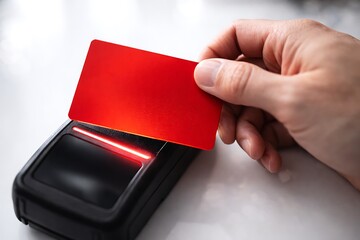 Hand inserting a red card into a black point of sale terminal for payment or identification