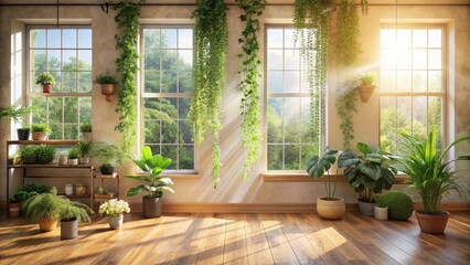 Sunlit Interior Room Filled with Lush Greenery and Potted Plants, Basking in the Warm Glow of Sunlight Streaming Through Large Windows