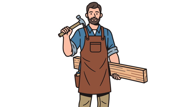Skilled bearded handyman illustration, diligently holding a hammer and wooden planks, embodying craftsmanship and dedication in construction or DIY projects - Powered by Adobe