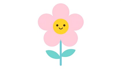 A cute, simple cartoon flower with five pink petals, a yellow center with a smiling face, green stem, and two leaves