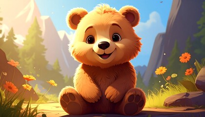 A cute, cartoonish bear cub sits in a meadow with flowers, mountains, and trees. The sky is bright blue