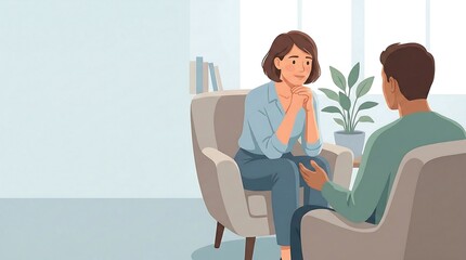 Female psychologist listening to a male patient during a mental health counseling session illustration.