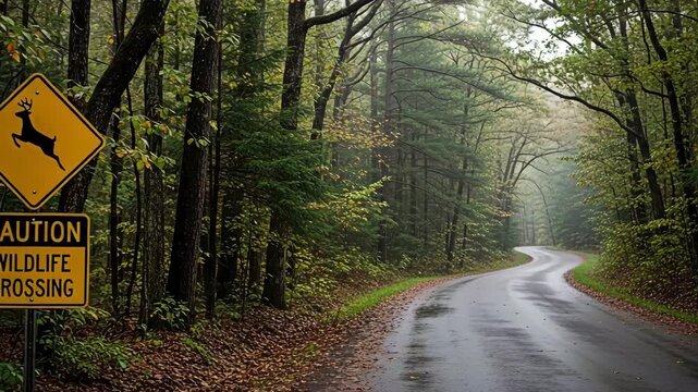 Road sign with wildlife crossing concept in nature.