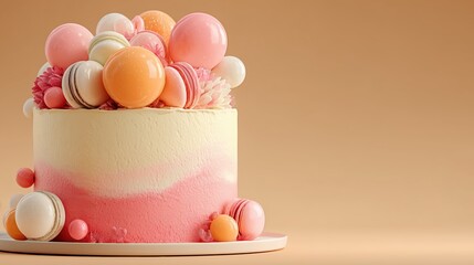 Sweet pink and peach birthday cake decorated with macarons and spheres on beige background.

