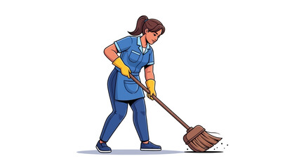 Dedicated female cleaner diligently sweeping a floor with a traditional broom, showcasing professional housekeeping or janitorial services in a clean and efficient manner