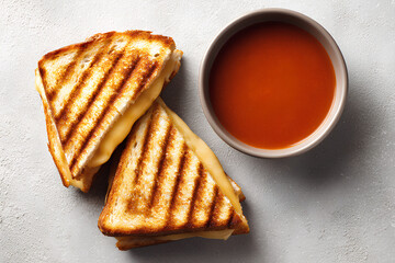 Golden grilled cheese sandwich halves paired with tomato soup in a balanced top down composition on light background with soft shadows  
