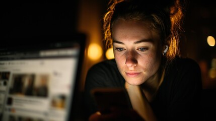 Young woman focused on smartphone in a dimly lit room with a laptop in the background