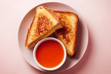 Golden grilled cheese sandwich halves paired with tomato soup in a balanced top down composition on light background with soft shadows  
