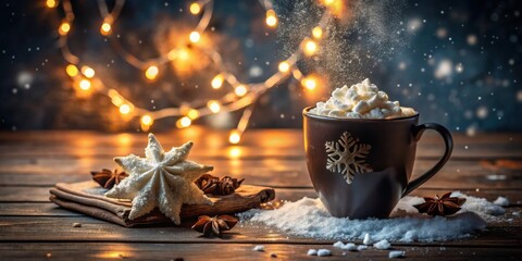 Warm Festive Drink with Whipped Cream and Star-Shaped Cookie on Wooden Table