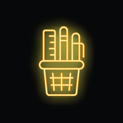 Yellow neon icon of pens, pencils, and a ruler in a cup holder, glowing on a black background