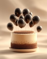 Minimalist beige birthday cake with chocolate sprinkles and floating black balloons.

