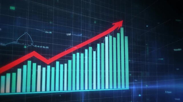 A financial graph with rising green bars and a red arrow pointing upwards against a dark blue grid background is visible