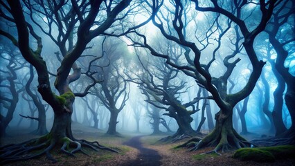 Obraz premium A Mystical Path Through an Enchanting Forest of Ancient, Twisted Trees Shrouded in a Dreamlike, Blue Mist