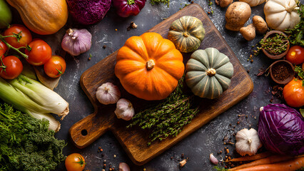 Autumn seasonal food background with colorful various
