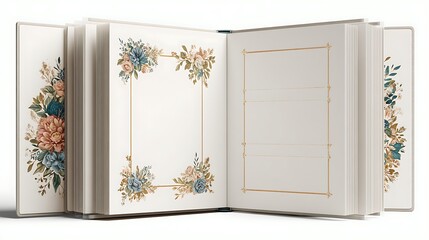 Open floral album with gold accents and blank pages floral gold accents white background