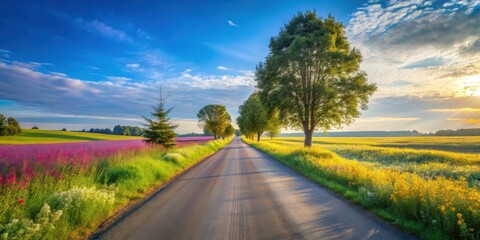 Serene Country Road at Sunrise, Flanked by Vibrant Wildflower Fields and Lush Green Meadows, bathed in Golden Sunlight