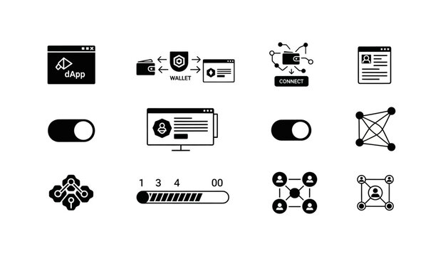 A collection of black and white icons representing decentralized applications, wallets, and network connections.