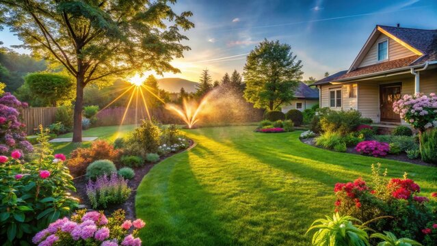 Sunrise illuminates a vibrant landscape with lush green lawn, meticulously manicured flowerbeds, and a charming house, all enhanced by a gentle sprinkler system.