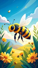A cute, cartoonish bumblebee flies amidst wildflowers under a sunny sky. Rolling hills and a butterfly are in the background