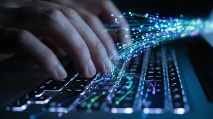 AI driven process efficiency concept. Fingers typing on a keyboard with colorful light trails emerging. - Powered by Adobe