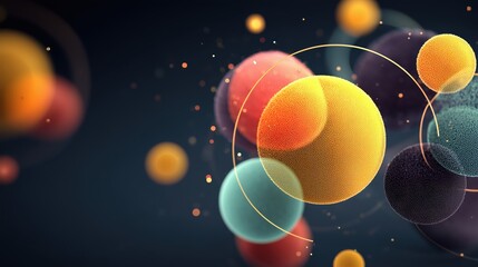 Abstract textured spheres with golden rings and glowing particles in dark space.

