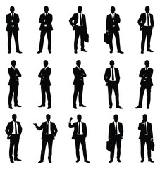 Professional businessman silhouettes in various standing poses and formal suits for corporate and office concepts