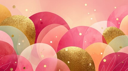 Artistic abstract pink and gold watercolor circles with glitter textures.

