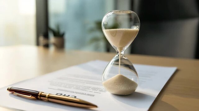 Hourglass placed on a signed document symbolizes limited time, deadlines