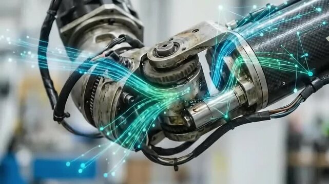 AI driven process efficiency concept. Robotic arm with digital connections in a modern environment.