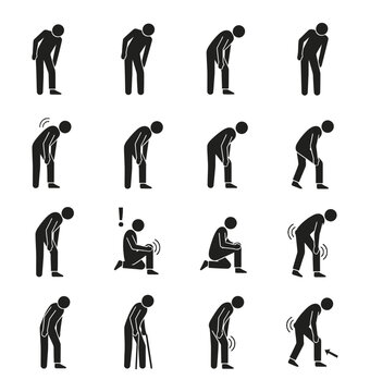 Collection of stick figure icons depicting knee pain, leg injuries, and walking difficulties for medical themes