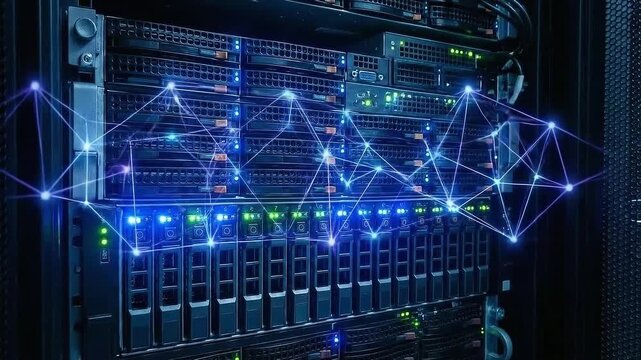 AI driven process efficiency concept. Data server with network connections illuminated in blue lights.