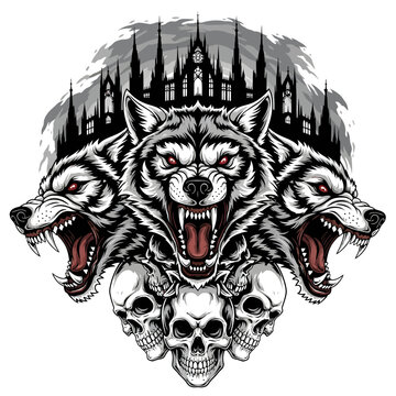 Three Headed Wolf Skull Emblem with Gothic City Backdrop.