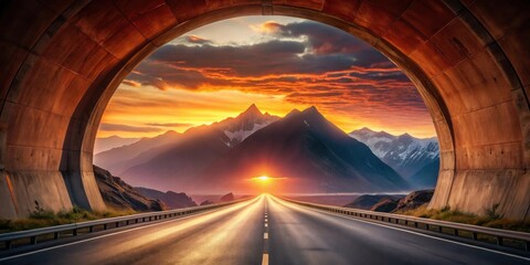 A scenic highway emerges from a tunnel, revealing a breathtaking sunset over majestic mountains, a symbol of freedom and adventure on the open road.