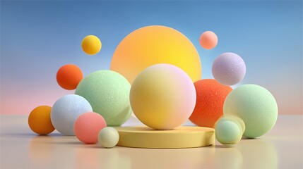 Colorful pastel textured spheres on podium with soft gradient background for creative displays.