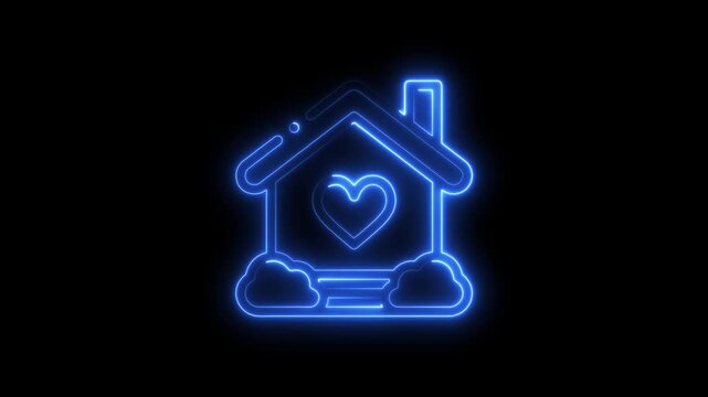 Glowing Blue Neon House with Heart Symbol on Black Background for Real Estate and Love Concepts home sweet home