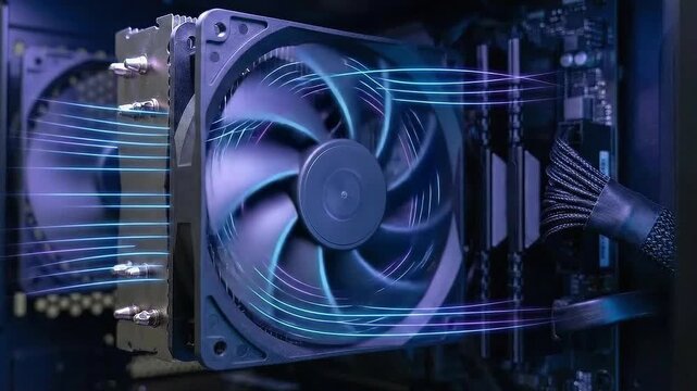 AI driven process efficiency concept. Cooling fan inside a computer case with blue lighting effects.