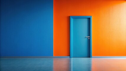 A Teal Door Separates Vibrant Blue and Orange Walls in a Modern Interior Space