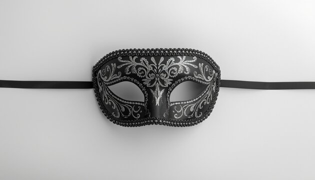 A mysterious black mask with intricate silver designs