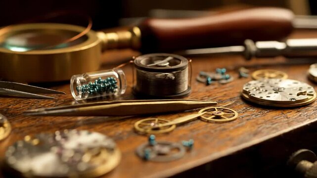 Intricate close-up of watchmaking tools and components arranged on a wooden surface, showing detail
