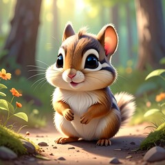 A cute, cartoonish chipmunk with big eyes and a friendly smile, standing on a path in a sunlit forest