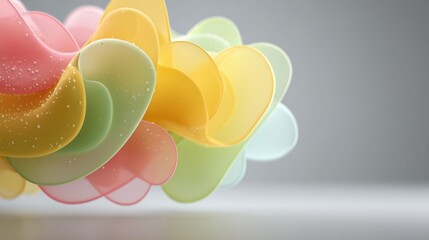 Abstract colorful translucent shapes floating on grey background for artistic geometric concepts.

